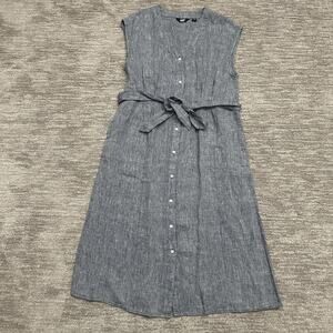 Land' End Dress Womens Medium Blue Gray Linen Button Front Belted Pockets